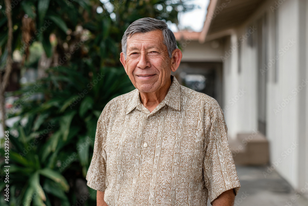 Fototapeta premium capture portrait of person with warm smile wearing hawaiian shirt set against clean background