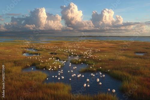 Wide shot of a wetland landscape.  Fluffy white birds on calm water amidst tall grass.  Soft light on clouds