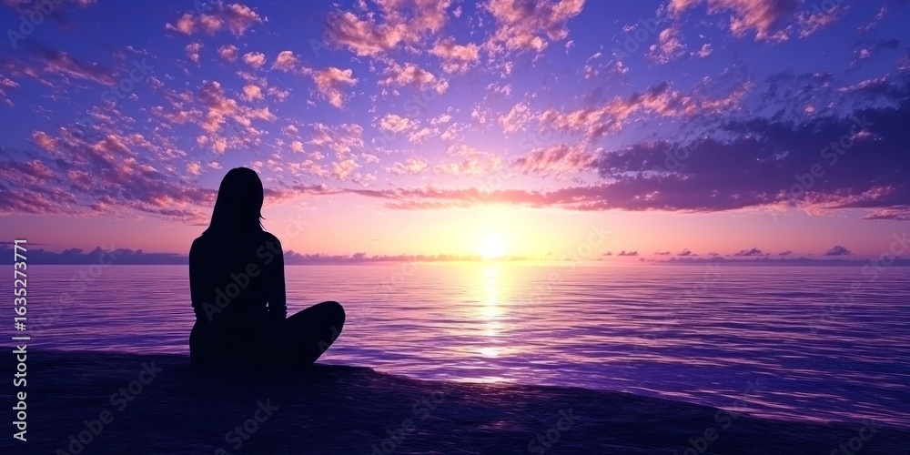 Fototapeta premium A beachside silhouette of someone peacefully watching the sun rise over the ocean