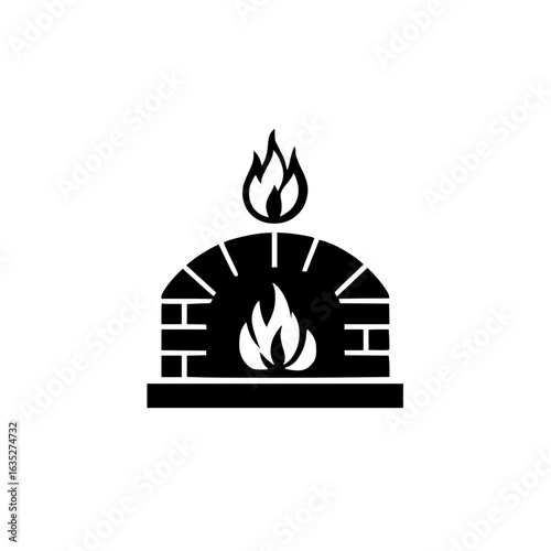 Minimal silhouette icon of an outdoor brick pizza oven with flames, ideal for cooking, barbecue, and kitchen design themes.
