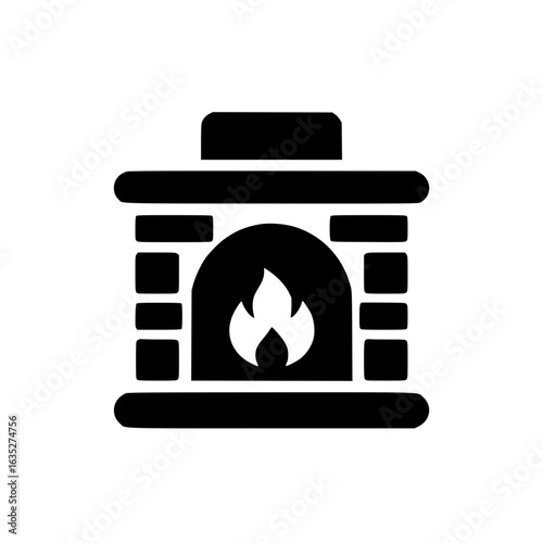 Minimal icon of a fireplace with a mantel and burning flame, suitable for winter, heating, and cozy home design themes.