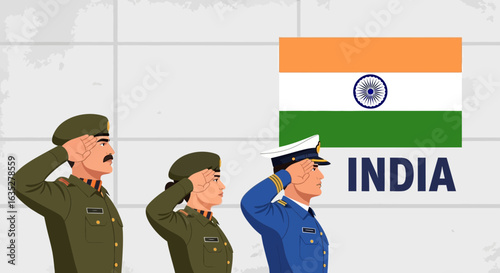 Indian Armed Forces Saluting with National Flag in Patriotic Illustration