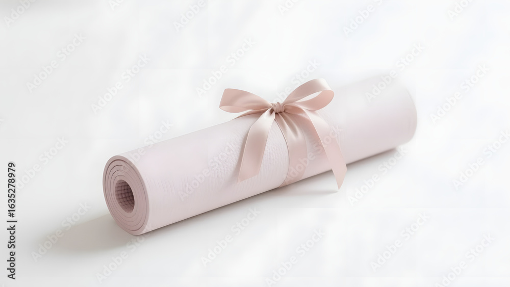 Fototapeta premium Single pastel yoga mat roll tied neatly with a satin ribbon, evoking a calm wellness-at-home vibe, isolated on a pure white background, showcasing texture detail and minimal, serene aesthetics