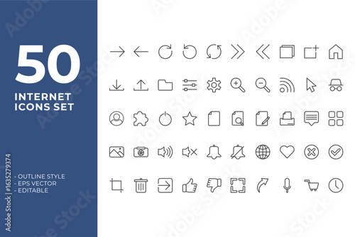 Internet website icons set. Related to internet, web, SEO, and global network. Ideal for UI, apps, website, and digital marketing purposes. Black outline style isolated on white. Vector eps.