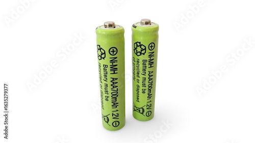 A pair of rechargeable AAA Ni-MH batteries, highlighting their eco-friendly nature and specific battery type with a clean, isolated background.