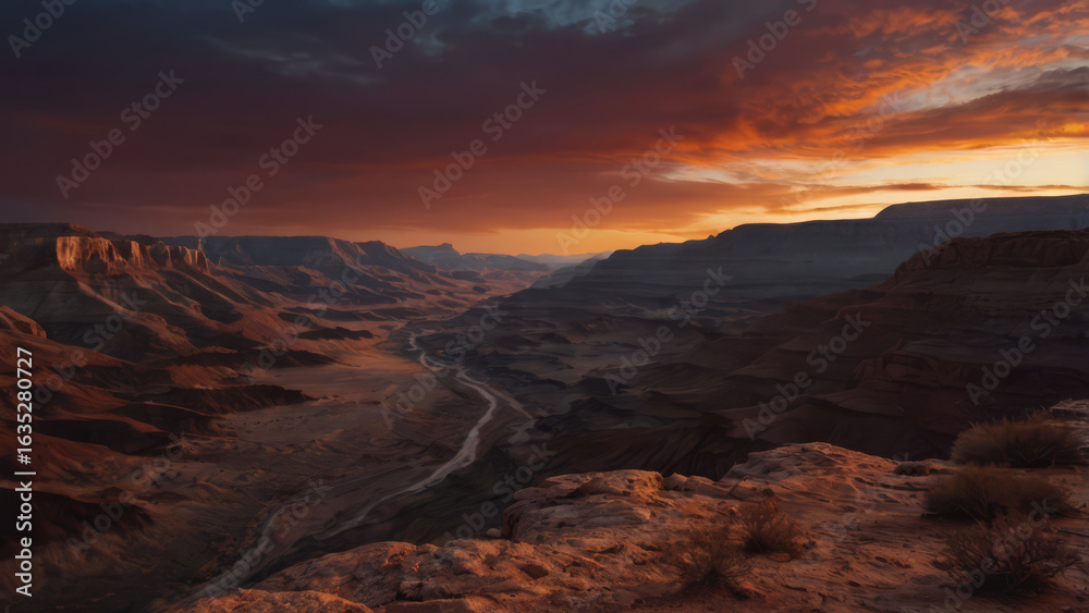 Naklejka premium Desert Canyon at Dusk Cinematic Desktop Wallpaper in Red and Orange Tones