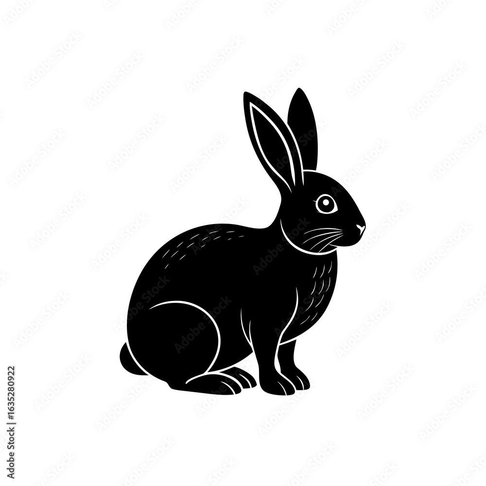 Fototapeta premium Silhouette of a sitting rabbit with upright ears, isolated on white background
