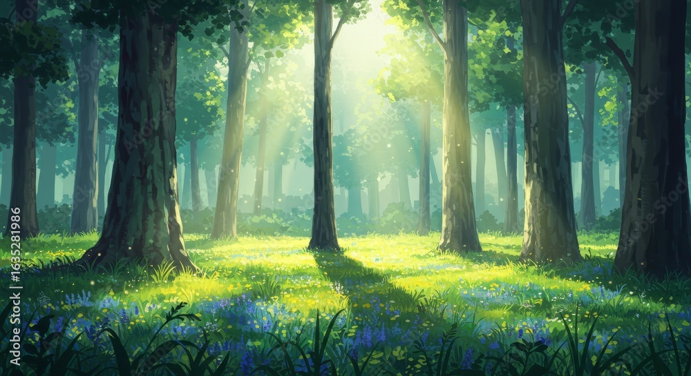 Obraz premium Sunlight Streaming Through Trees in a Forest Meadow Landscape