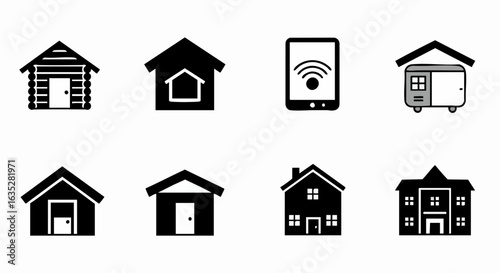 Black and white building icons housing symbols