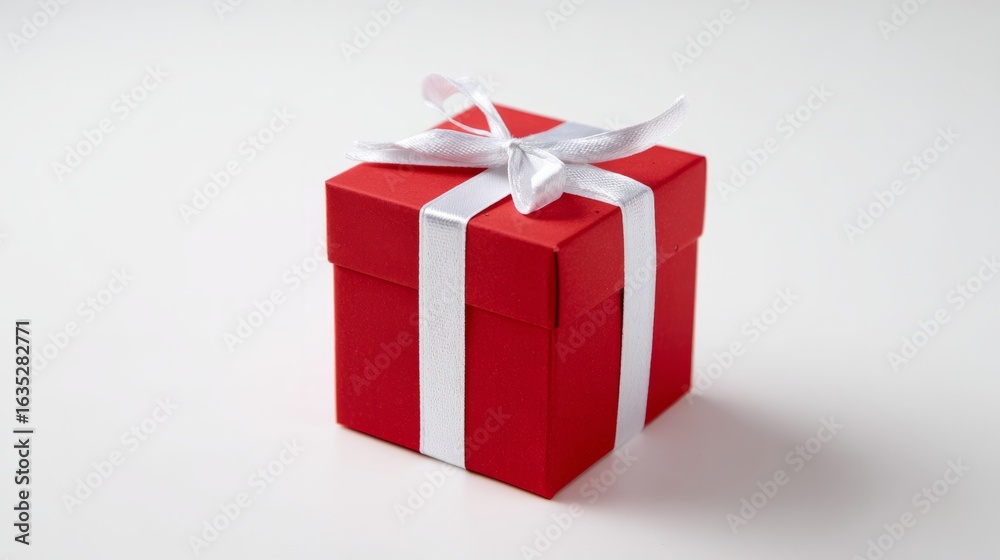 Obraz premium Red gift box with white ribbon and bow, centered product shot on clean background. 