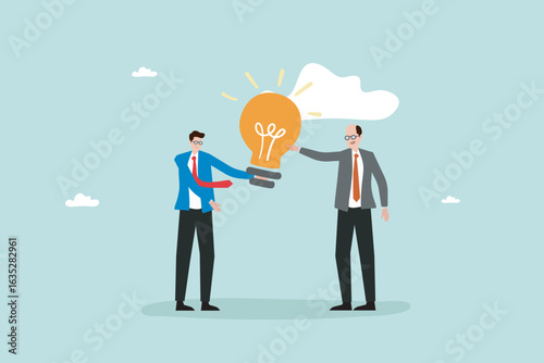 Two businessmen with a light bulb Sharing an idea illustration