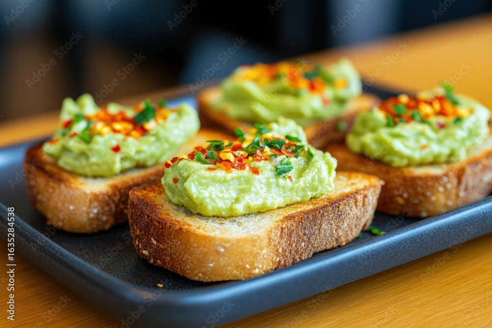 Avocado toast appetizers with herbs and pepper flakes on tray for healthy eating Avocado toast appetizers with herbs and pepper flakes on tray for healthy eating