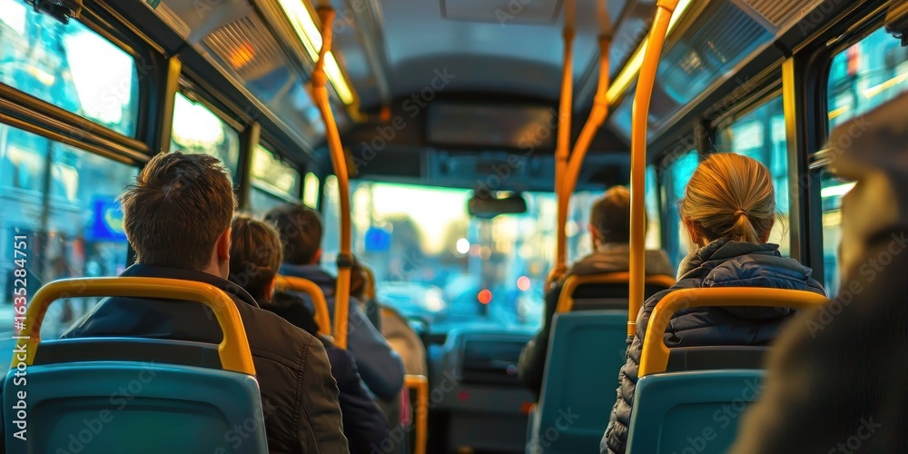 Obraz premium A busy metropolitan bus with passengers enjoying the urban view from their seats