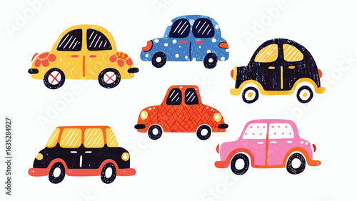 A Collection of 15 Hand-Drawn Cartoon-Style Cars Featuring Whimsical Designs, Colorful Patterns, and Exaggerated Proportions on a White Background