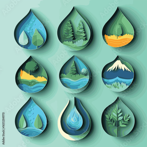 Set of World Water Day. Minimal water drop shape symbol. Sustainable of Renewable resource, Ecology and Environment concept. Paper art vector illustration