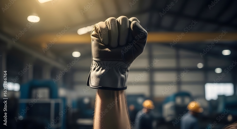 Fototapeta premium Hand wearing leather glove raised in fist inside industrial building image