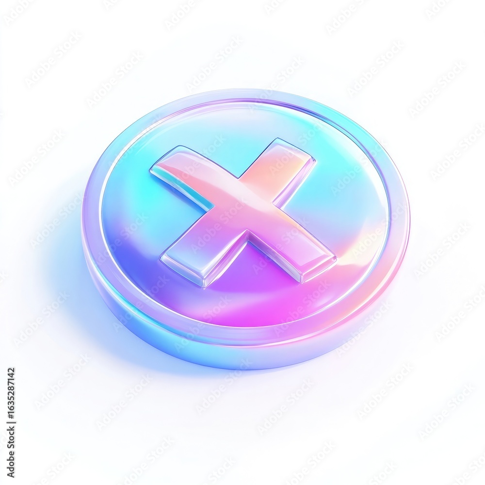Obraz premium Iridescent cross button on white background with a glossy finish and pastel color gradient effect