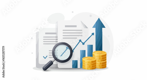Business growth analysis documents and coins