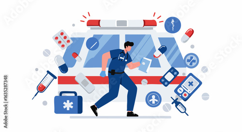Paramedic running with medical supplies