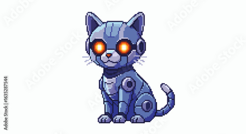 A robotic cat with glowing orange eyes sits upright, showcasing its metallic design.