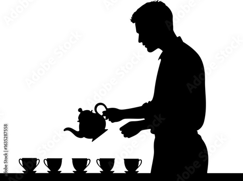 silhouette of a man with a teapot, tea, cup, teapot, vector, coffee, drink, silhouette, illustration, hot, pot, cafe, breakfast, food, design, kettle, beverage, black, kitchen, mug, art, menu, cat