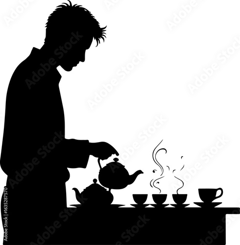 silhouette of a man with a teapot, tea, cup, teapot, vector, coffee, drink, silhouette, illustration, hot, pot, cafe, breakfast, food, design, kettle, beverage, black, kitchen, mug, art, menu, cat