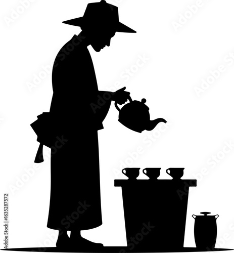 silhouette of a man with a teapot, tea, cup, teapot, vector, coffee, drink, silhouette, illustration, hot, pot, cafe, breakfast, food, design, kettle, beverage, black, kitchen, mug, art, menu, cat
