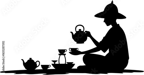 silhouette of a man with a teapot, tea, cup, teapot, vector, coffee, drink, silhouette, illustration, hot, pot, cafe, breakfast, food, design, kettle, beverage, black, kitchen, mug, art, menu, cat
