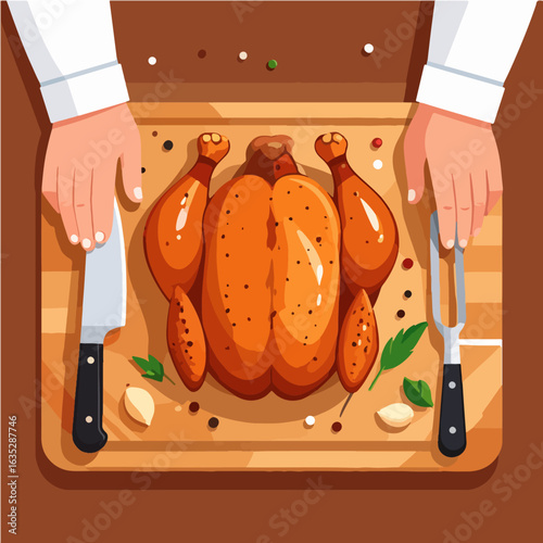 An appetizing roasted chicken ready to be carved on a wooden cutting board, with a carving knife, fork, garlic, fresh basil, and colorful peppercorns; overhead vector illustration.