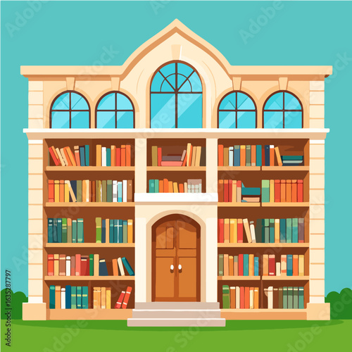 A stylized illustration of a grand library building with arched windows, filled with colorful books on wooden shelves, and set against a bright blue sky.