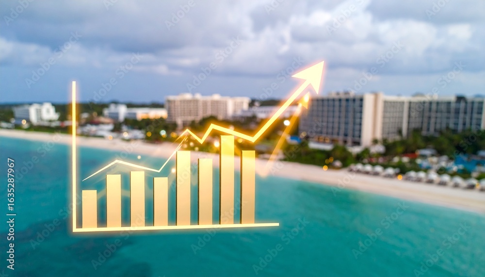 Naklejka premium Rising 3D financial graph with seaside resort blur