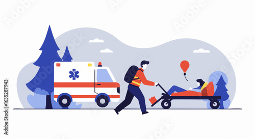 Medical personnel transporting patient in forest