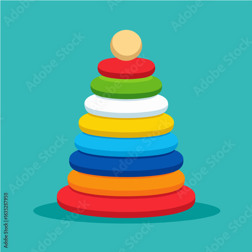 Colorful cartoon stacking rings toy for children's development in bright colors arranged on a blue background, ideal for education and childhood related projects.