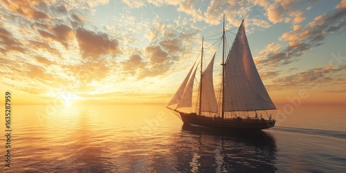 A classic schooner with full sails moving toward a breathtaking ocean sunset