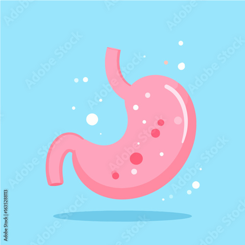 Cartoon illustration of a human stomach with gas bubbles on a light blue background, perfect for medical and educational materials about digestion and gastrointestinal health.