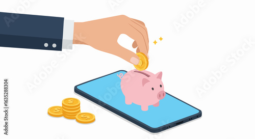 Hand depositing coin into piggy bank on smartphone