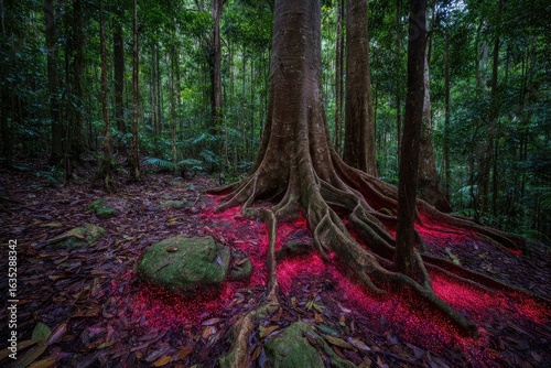 Lush rainforest floor with vibrant pink fungi near large tree roots