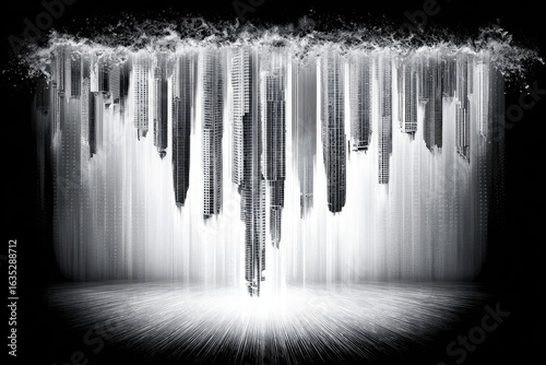 City silhouettes cascade in a surreal waterfall of light, descending from an unseen upper realm