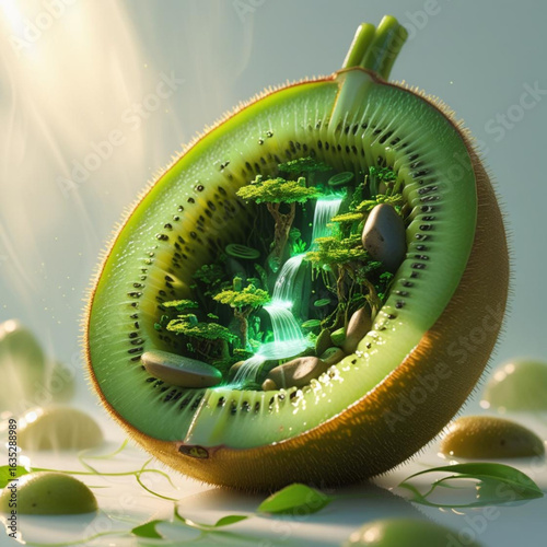 Miniature Fantasy World Inside a Sliced Kiwi Fruit