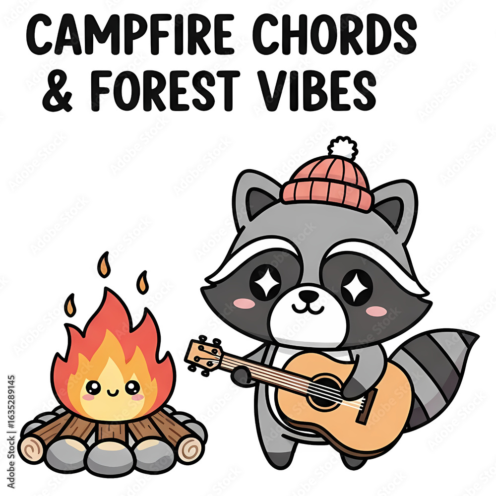 Naklejka premium Campfire Raccoon: Cozy Forest Night Guitar Music