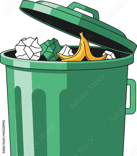 
A simple, cartoon-style illustration of a green trash can, with a partially open lid and various pieces of crumpled paper and a banana peel inside, symbolizing waste management, recycling,