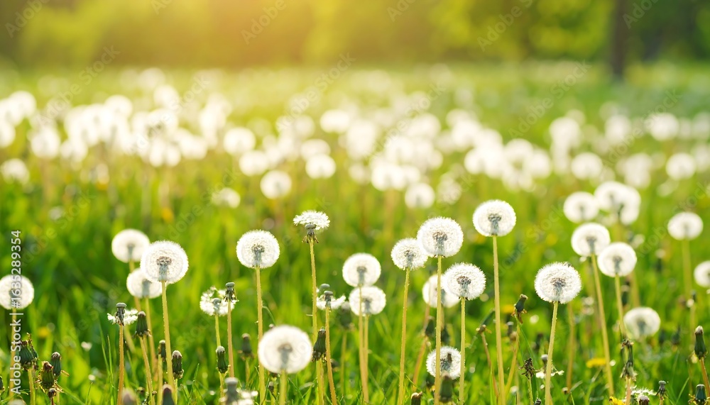 Dandelion Meadow in Sunlight: A Serene Field of Fluffy Seed Heads in Bloom Dandelion Meadow in Sunlight: A Serene Field of Fluffy Seed Heads in Bloom