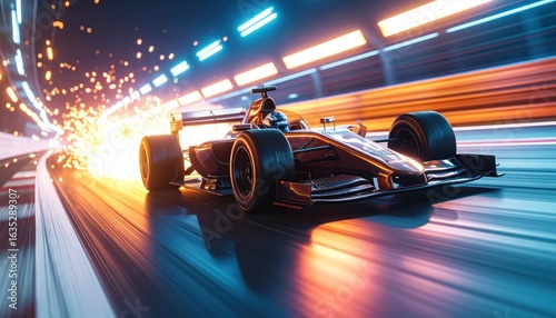 Formula 1 Race Car Speeding Through Neon Lit Race Track.