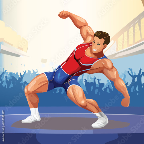 Dynamic illustration of a muscular male athlete in a fighting stance, wearing an american fighter vector costume with a blue and red color scheme, against a stadium