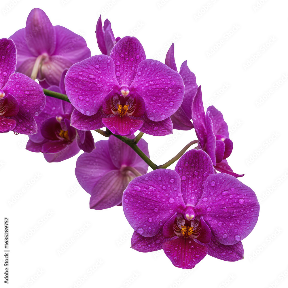 Obraz premium Blooming purple orchid flowers with water droplets isolated on transparent background