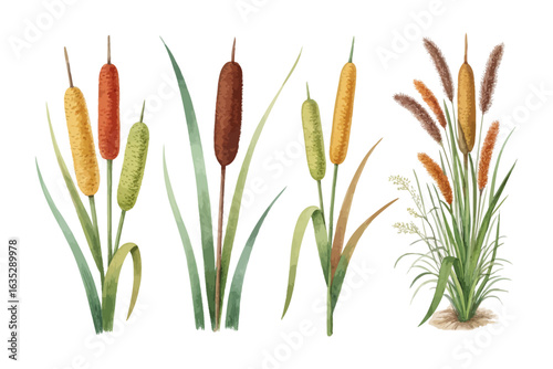 set of watercolor cattail vector illustration isolated on white background
