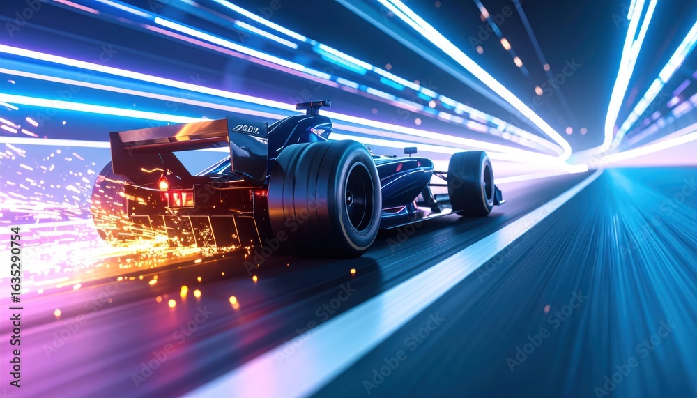 Obraz premium Formula 1 race car speed with neon lights abstract background.