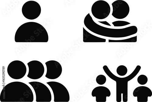 People Icons Demonstrating Connection Community and Leadership Concepts in Black Silhouette on a White Background