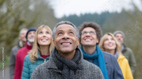 Looking Upward: A diverse group of individuals looks upward with expressions of hope and curiosity, capturing a sense of unity and shared vision against a natural backdrop. 