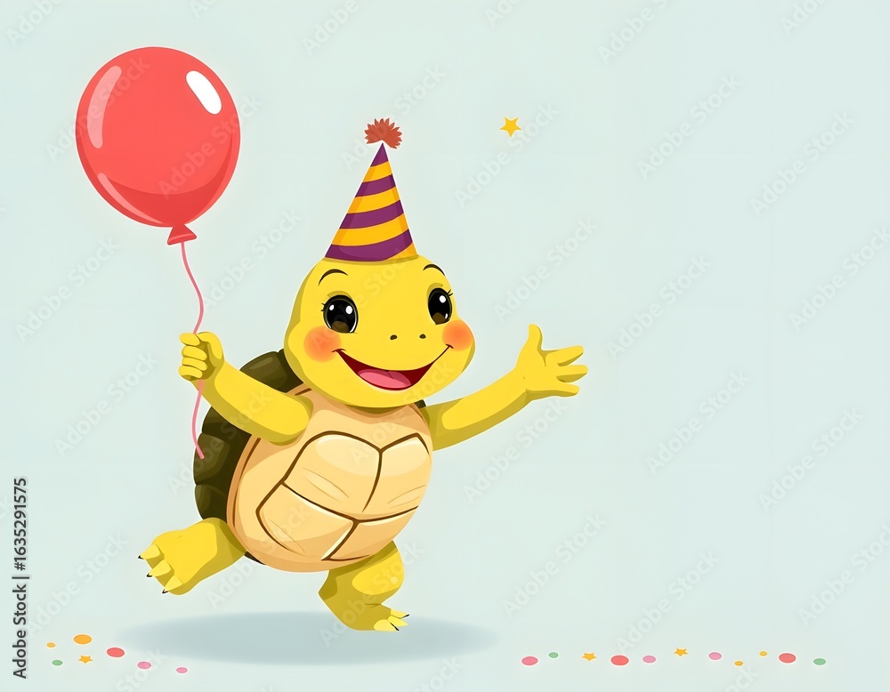 Fototapeta premium Joyful cartoon turtle celebrates birthday with a red balloon and party hat, spreading cheer